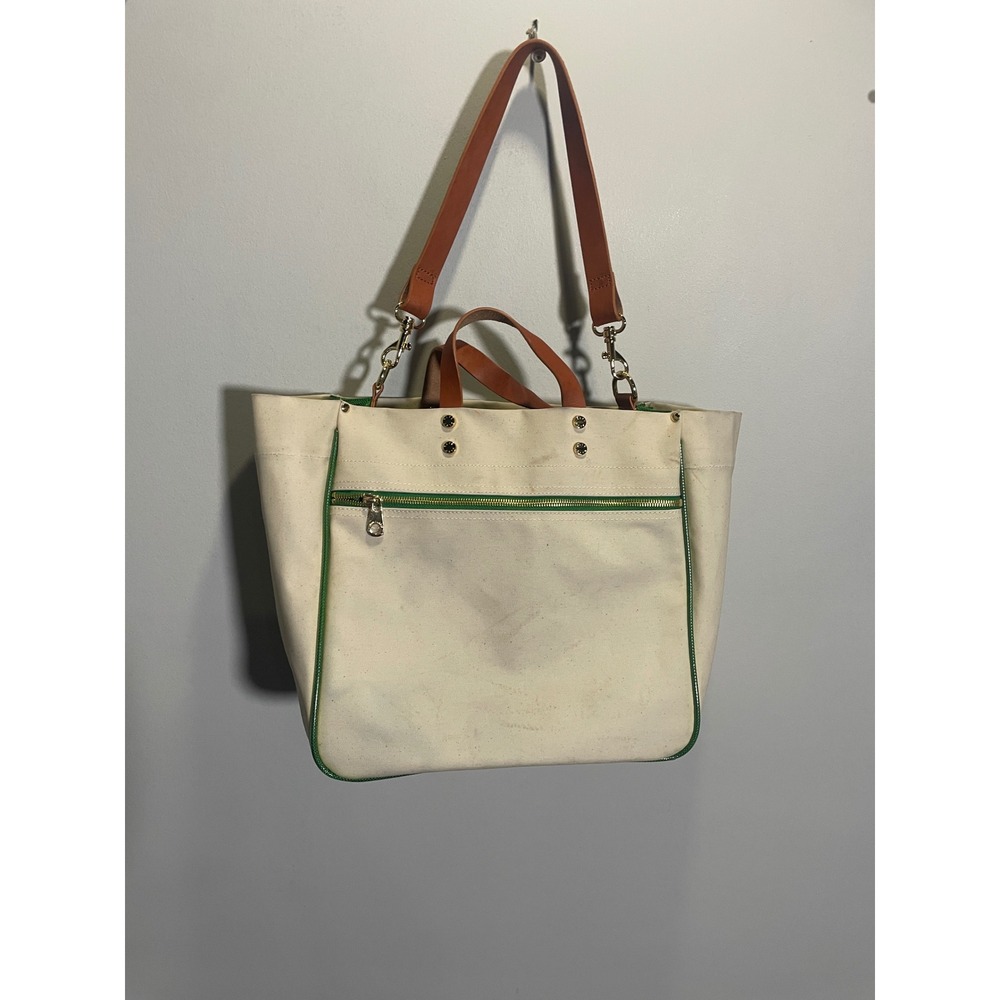Boulevard Codie Tote Bag Womens Cream Green Canvas Leather Trim Preppy Work
